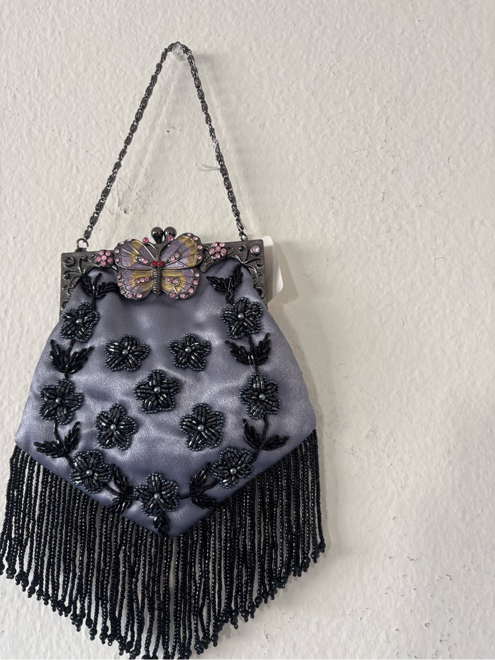 Vintage Fall Butterfly Beaded bag purple clean interior grey silver hardwear